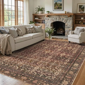 5x7 Area Rugs for Living Room Bedroom, Large Washable Rug, Vintage Oriental Boho Rug, Non Slip & Low Pile Faux Wool Thin Carpet for Indoor Dining Room and Kids Room(Red 5x7ft)