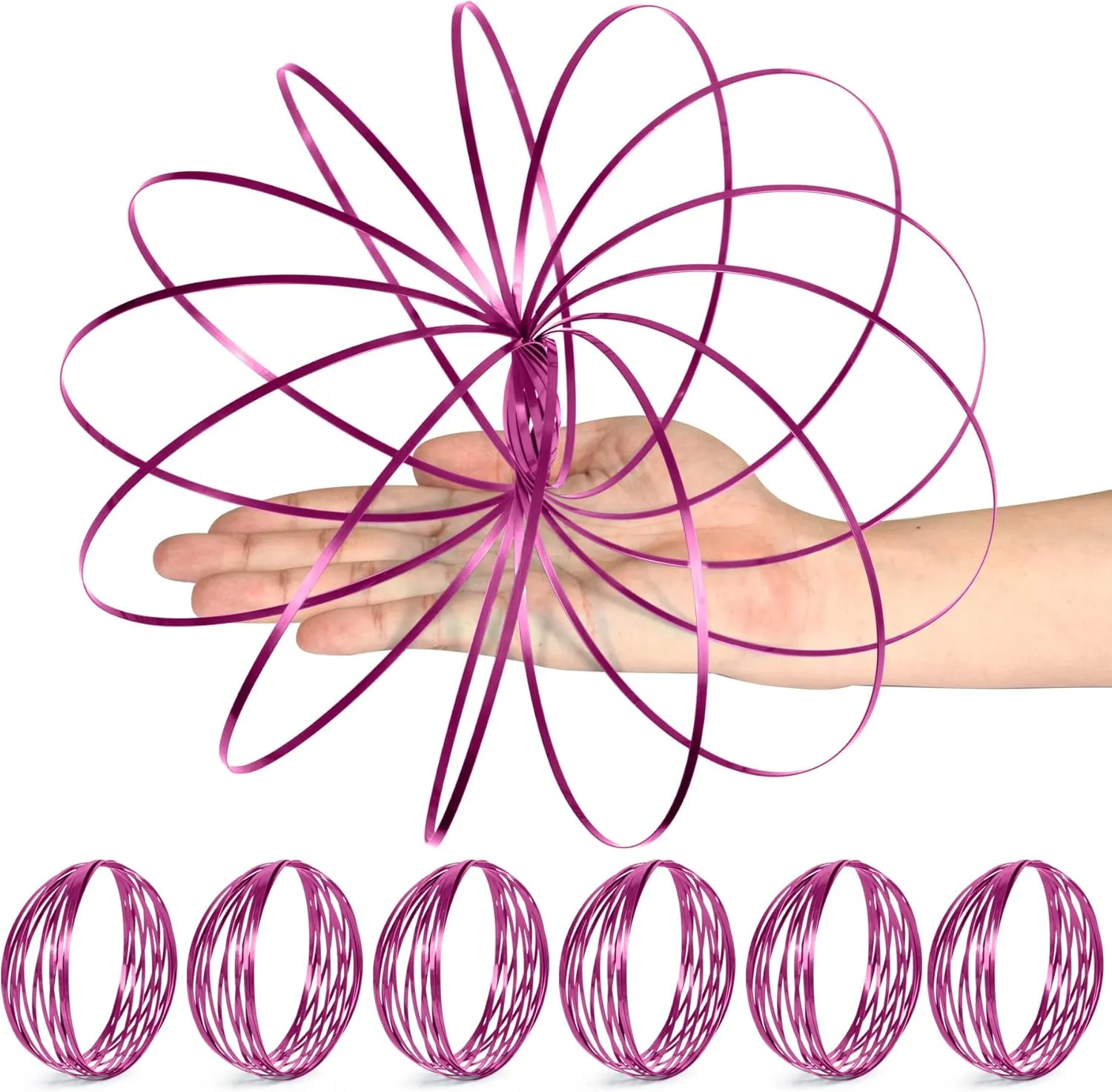 6 Pack Rose Pink Flow Spinner Ring, Magic Spring Arm Flow Sculpture, Colored Kinetic Interactive Stress Relief Rings, Festival Accessories