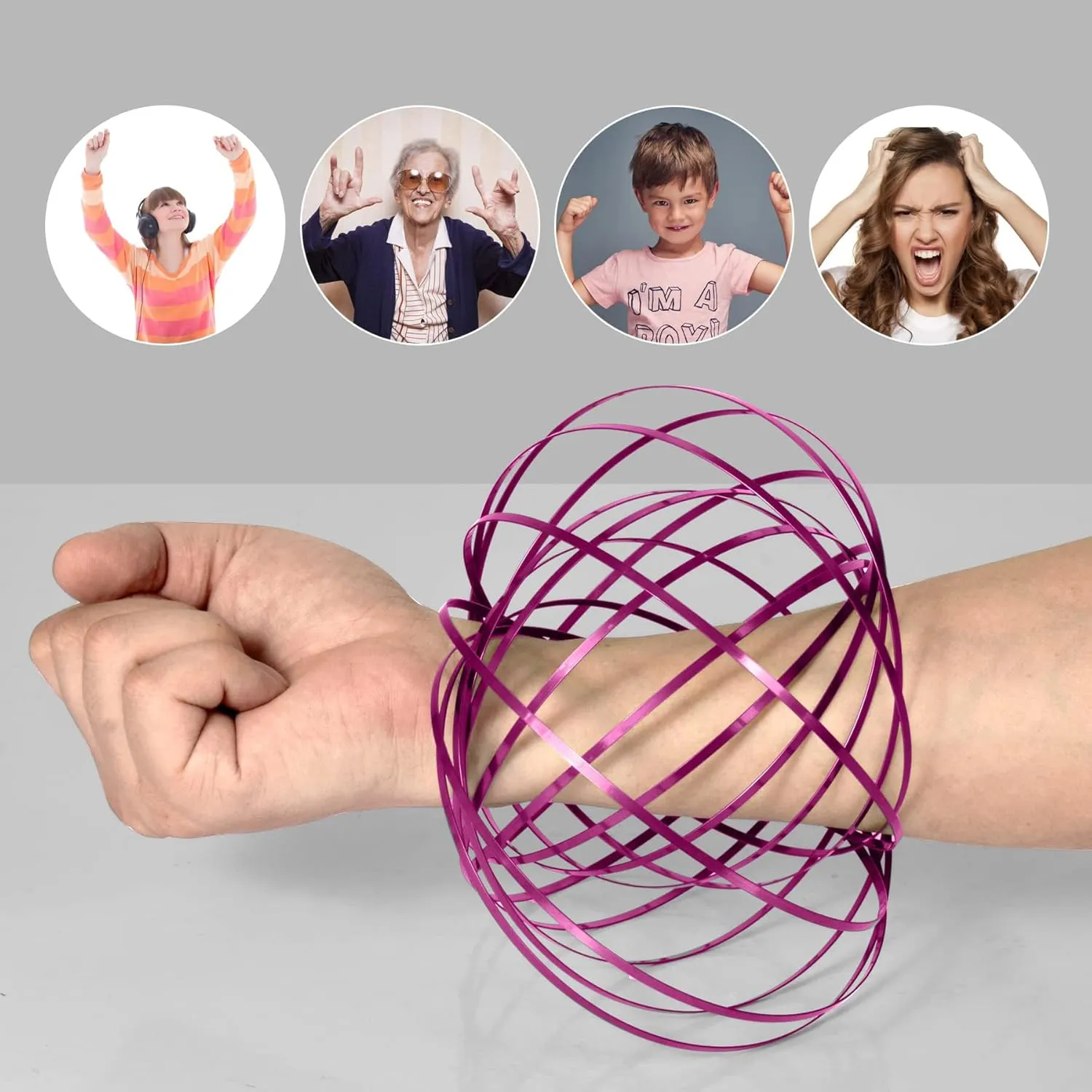 6 Pack Rose Pink Flow Spinner Ring, Magic Spring Arm Flow Sculpture, Colored Kinetic Interactive Stress Relief Rings, Festival Accessories