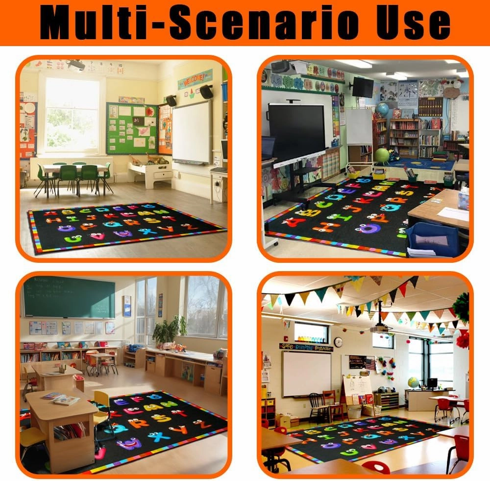 6'7''x8'7'' ABC Black Classroom Rug, Daycare Rugs for Classroom, Large Classroom Rugs Elementary, Preschool Rugs for Children, Kindergarten Educational Rug for Classroom