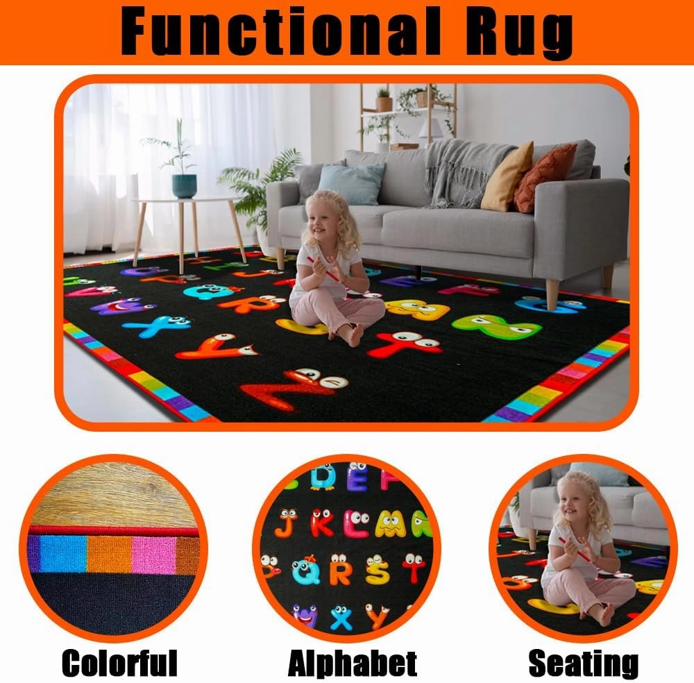 6'7''x8'7'' ABC Black Classroom Rug, Daycare Rugs for Classroom, Large Classroom Rugs Elementary, Preschool Rugs for Children, Kindergarten Educational Rug for Classroom