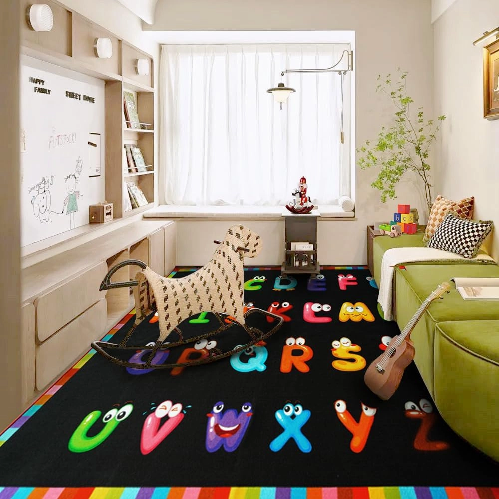 6'7''x8'7'' ABC Black Classroom Rug, Daycare Rugs for Classroom, Large Classroom Rugs Elementary, Preschool Rugs for Children, Kindergarten Educational Rug for Classroom