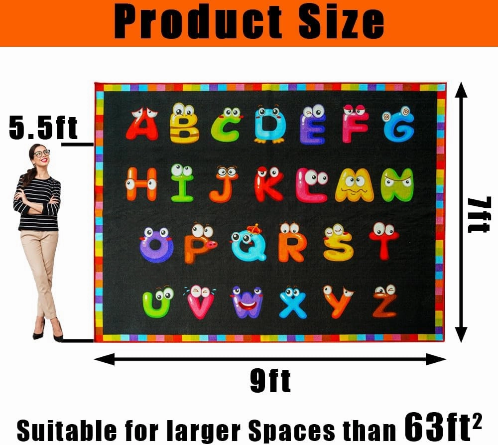 6'7''x8'7'' ABC Black Classroom Rug, Daycare Rugs for Classroom, Large Classroom Rugs Elementary, Preschool Rugs for Children, Kindergarten Educational Rug for Classroom