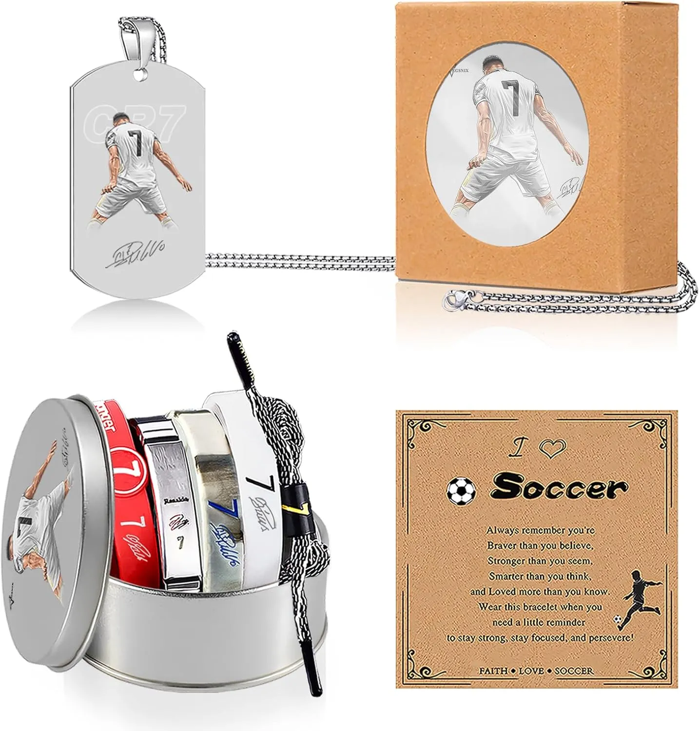 6Pcs C.R Number.7 Soccer Sports Bracelets Necklaces Set, No.7 Titanium Steel Adjustable Silicone Wristband, No.7 Soccer Star Necklace, Number.7 Soccer Star Signature Storage Box with Card
