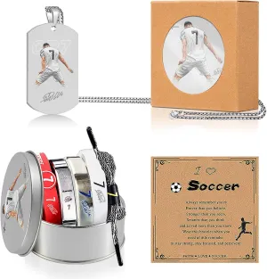 6Pcs C.R Number.7 Soccer Sports Bracelets Necklaces Set, No.7 Titanium Steel Adjustable Silicone Wristband, No.7 Soccer Star Necklace, Number.7 Soccer Star Signature Storage Box with Card