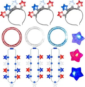 7PCS 4th of July Accessories Fourth of July Light up Necklaces, Patriotic 7 Bulb Red Blue White Stars Necklace, Glow Necklace for Independence Day Memorial Day Parades Party Favors