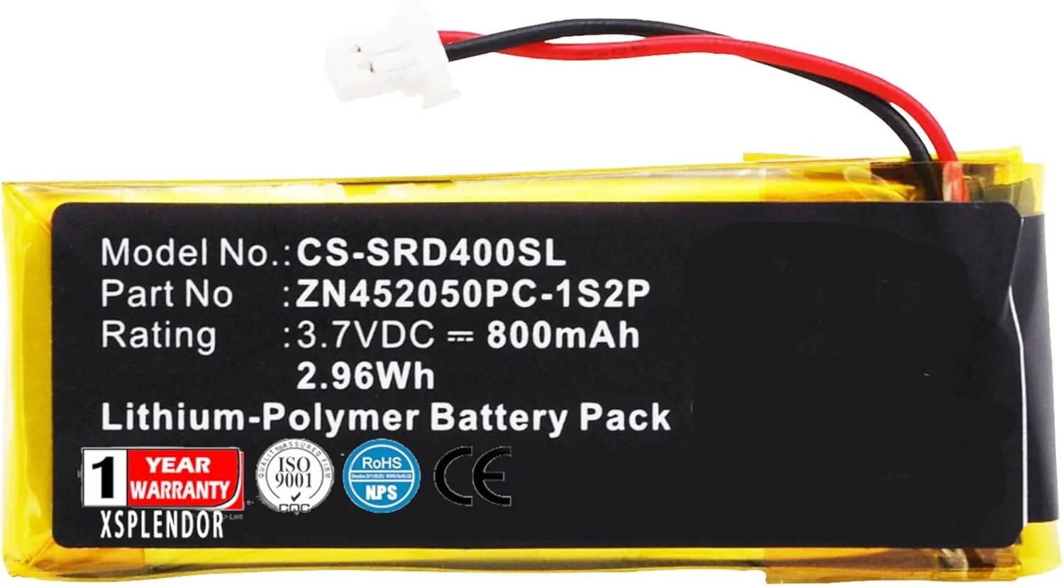 800mAh Battery for Schuberth C3 2.96Wh ZN452050PC-1S2P BAT00002 WW452050-2P BAT00004