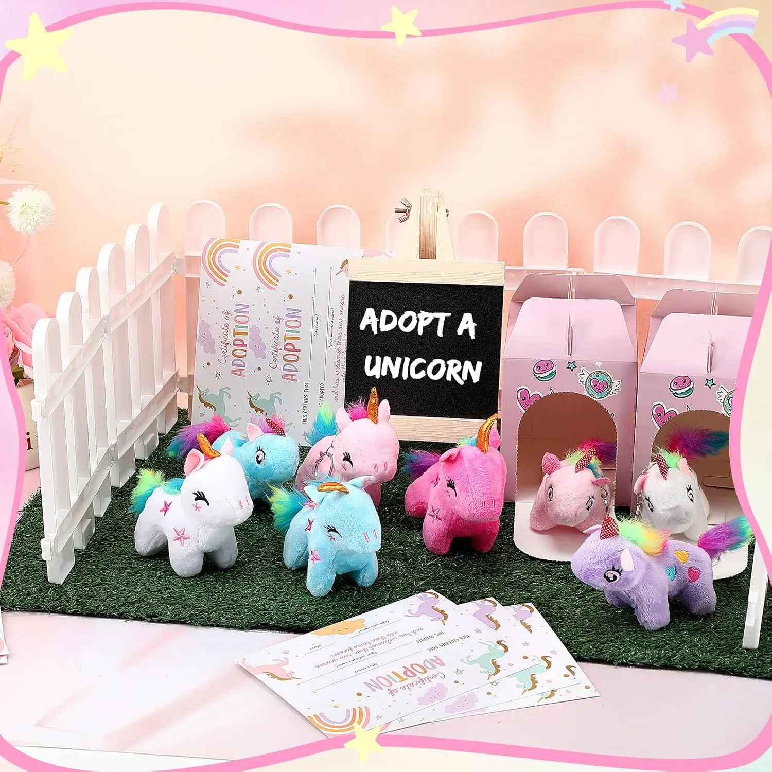 84 Pcs Adopt a Pet Party Favors 24 Mini Plush Stuffed Animals 10 White Plastic Fence 24 Paper Gift Boxes 24 Adoption Cards with Mini Chalkboard and Artificial Lawn(Unicorn)