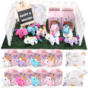 84 Pcs Adopt a Pet Party Favors 24 Mini Plush Stuffed Animals 10 White Plastic Fence 24 Paper Gift Boxes 24 Adoption Cards with Mini Chalkboard and Artificial Lawn(Unicorn)