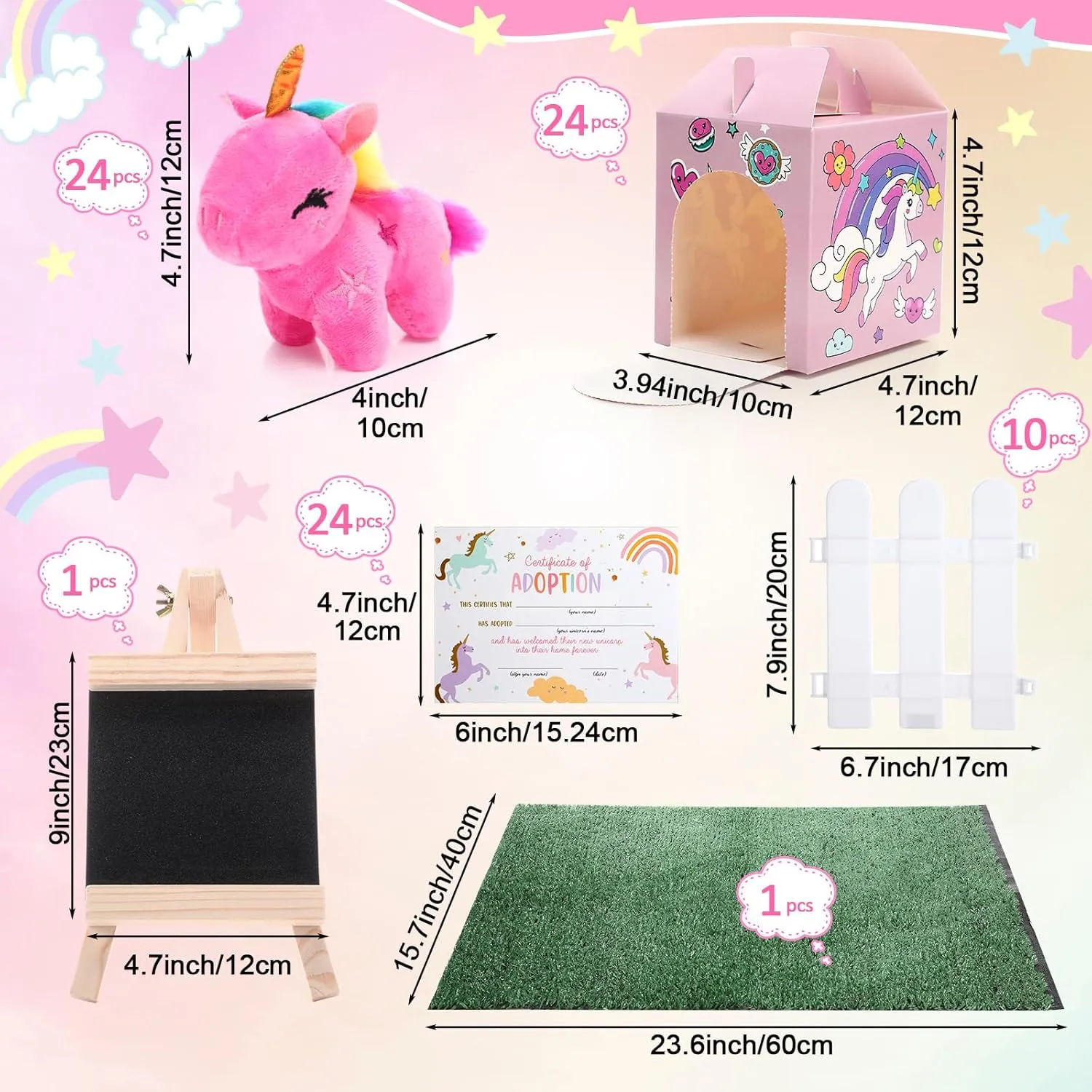 84 Pcs Adopt a Pet Party Favors 24 Mini Plush Stuffed Animals 10 White Plastic Fence 24 Paper Gift Boxes 24 Adoption Cards with Mini Chalkboard and Artificial Lawn(Unicorn)