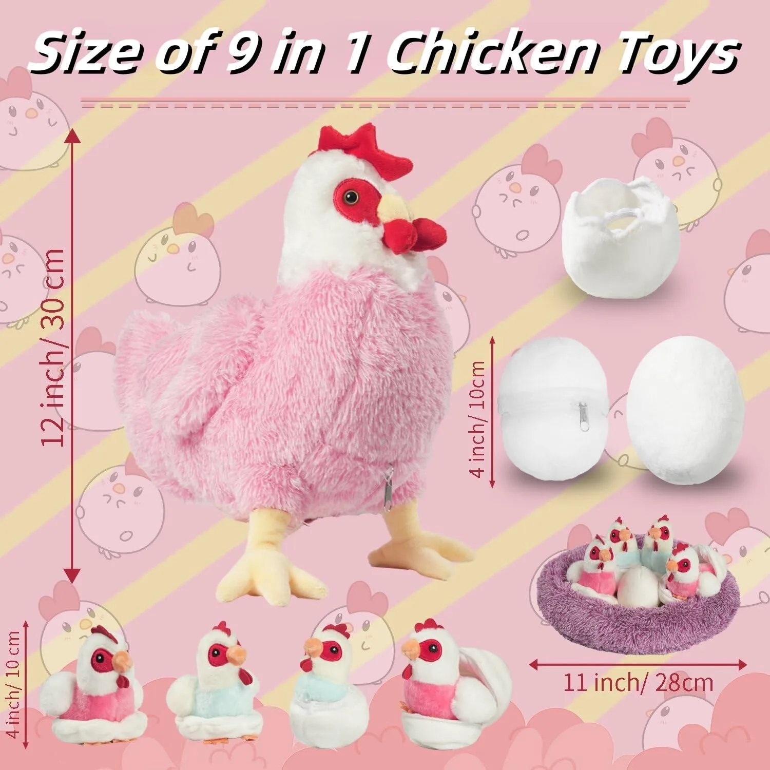 9 in 1 Chicken Stuffed Animal Set, Stuffed Chicken Plush Toys Zippered Egg Laying Hen with Baby Chicks Plush Chickens, Eggs and Coop for Kids Girls Boys Birthday Easter Stuffers Gifts