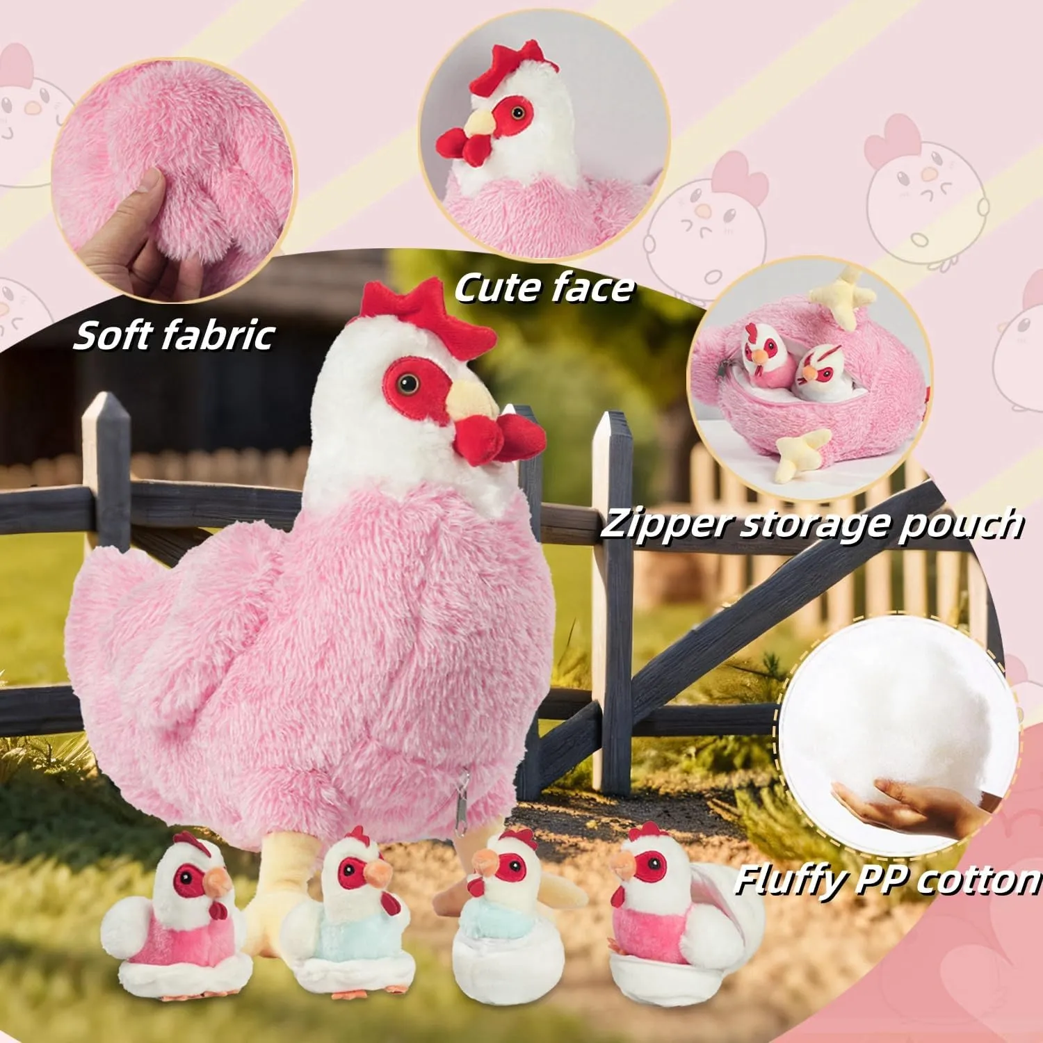 9 in 1 Chicken Stuffed Animal Set, Stuffed Chicken Plush Toys Zippered Egg Laying Hen with Baby Chicks Plush Chickens, Eggs and Coop for Kids Girls Boys Birthday Easter Stuffers Gifts