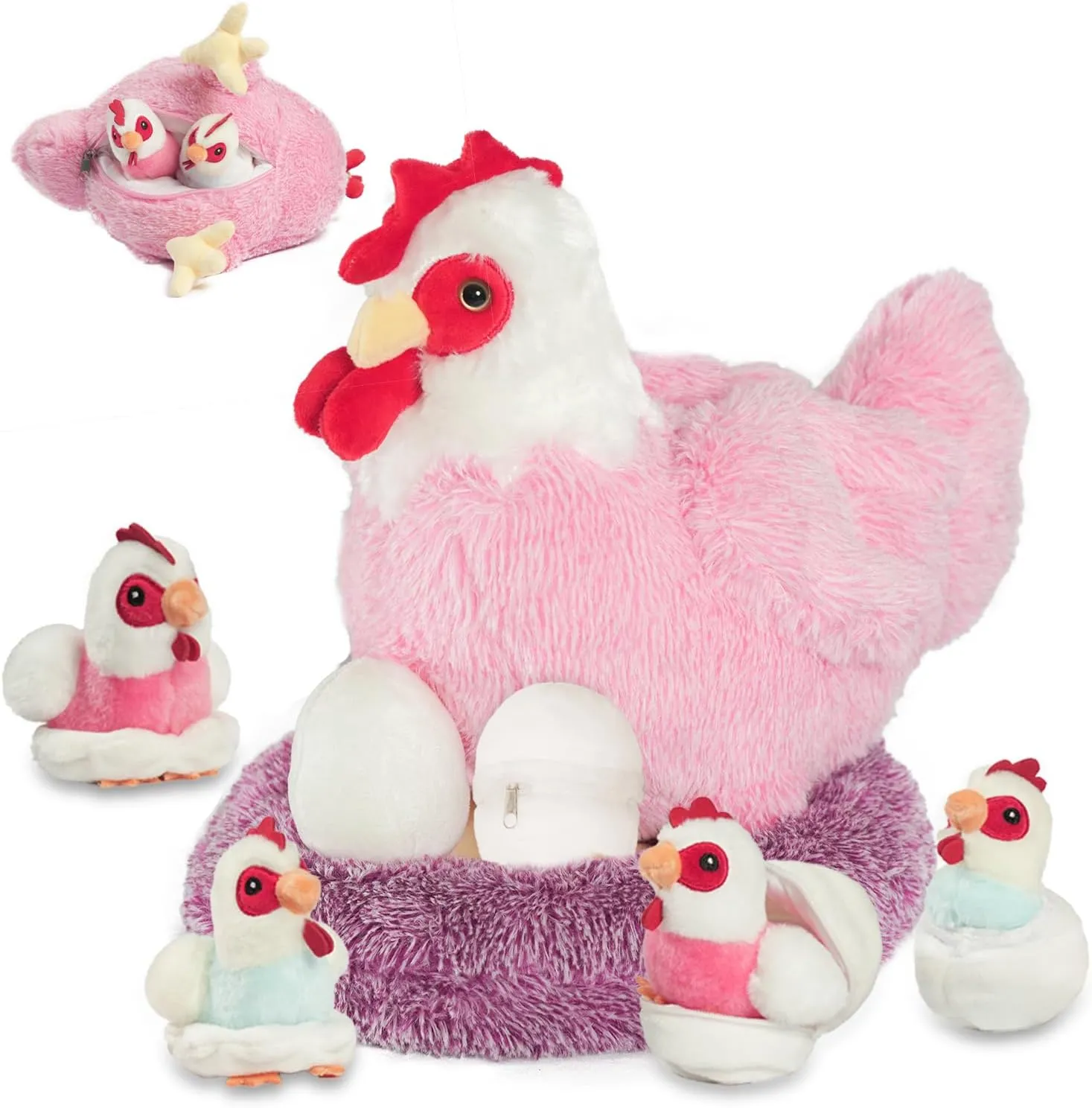 9 in 1 Chicken Stuffed Animal Set, Stuffed Chicken Plush Toys Zippered Egg Laying Hen with Baby Chicks Plush Chickens, Eggs and Coop for Kids Girls Boys Birthday Easter Stuffers Gifts