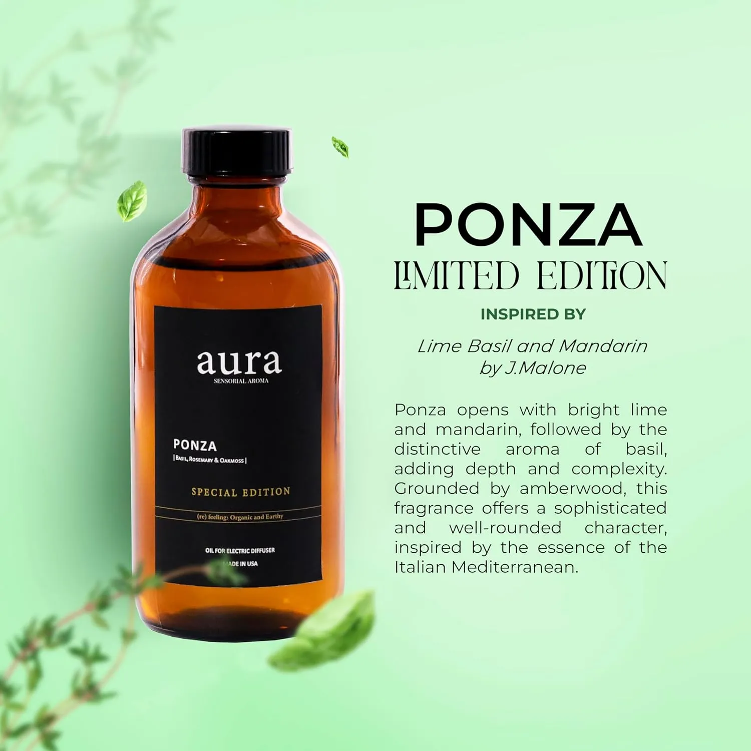 A U R A - Ponza Fragrance Oil for Scent Diffuser - Inspired by J.Malone-Lime Basil Mandarin | (8 fl oz, 240 ml) Pure Essential Oil Blends for Aromatherapy Diffuser & Hotel Collection Oil Diffuser