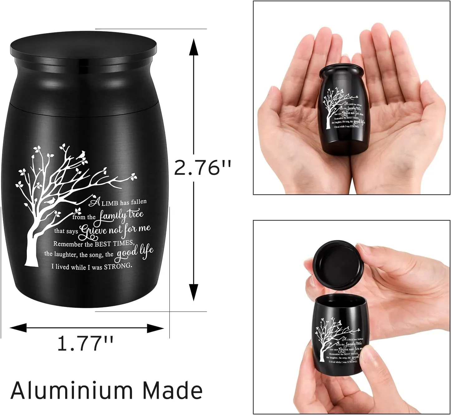 abooxiu Personalized 3 Inches Small Urn for Ashes Tree of Life Aluminum Mini Urn for Ashes Cremation Keepsake for Human Ashes Memorial Ashes Holder for Women Men Black