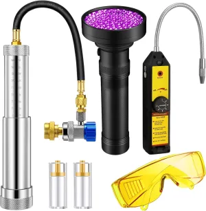 A/c Leak Detector Kit, UV Oil Dye Injector Kit with Adjustable Coupler and Oil Checkers and Leak Detector with UV Light and Protective Glasses for R134a R1234yf Refrigerant System
