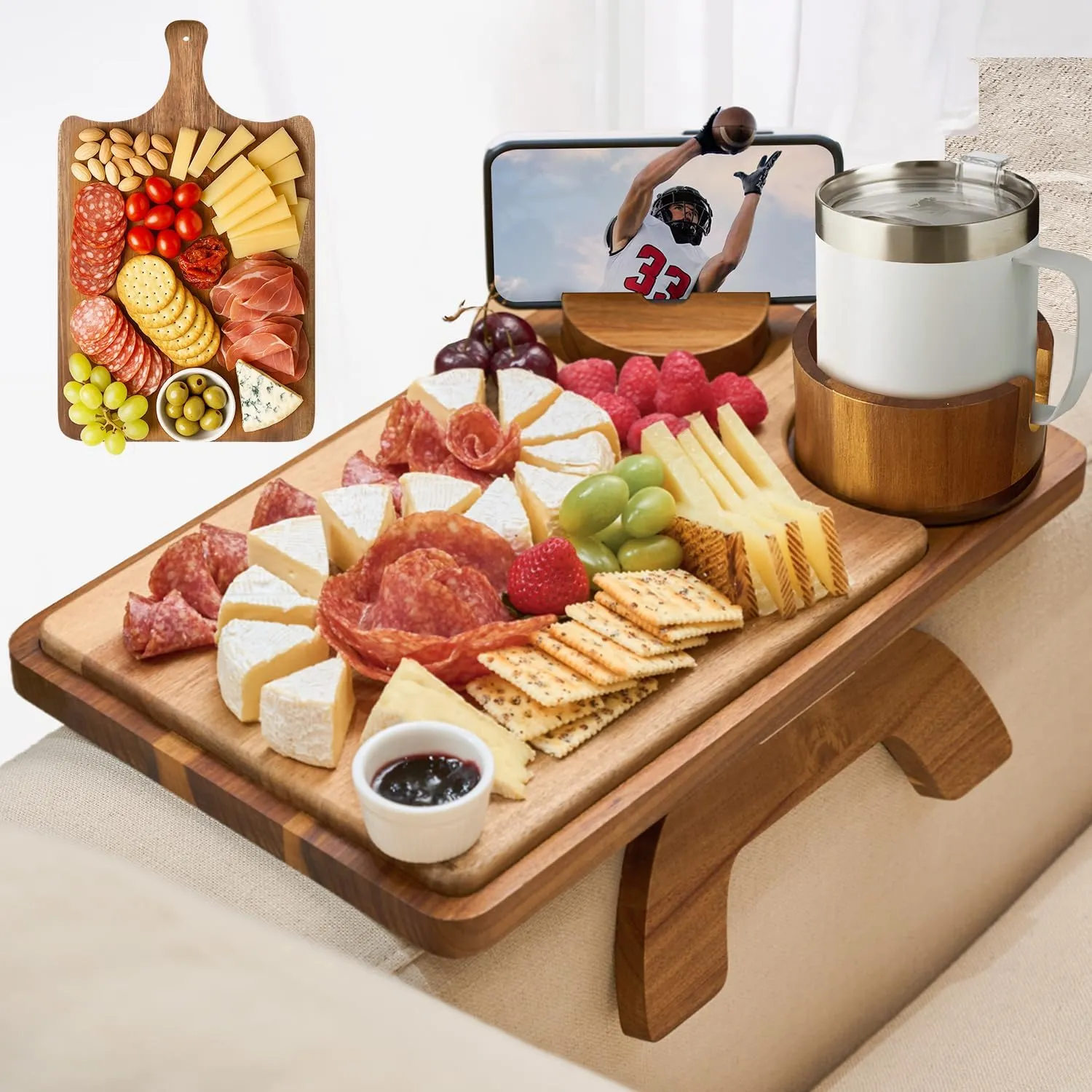 Acacia Wood Couch Arm Table Tray with Charcuterie Board with Phone Holder, Cup Slot & Folding for Wide/Narrow Recliners, Snack Table for Small Spaces TV Entertaining (Natural Wood)