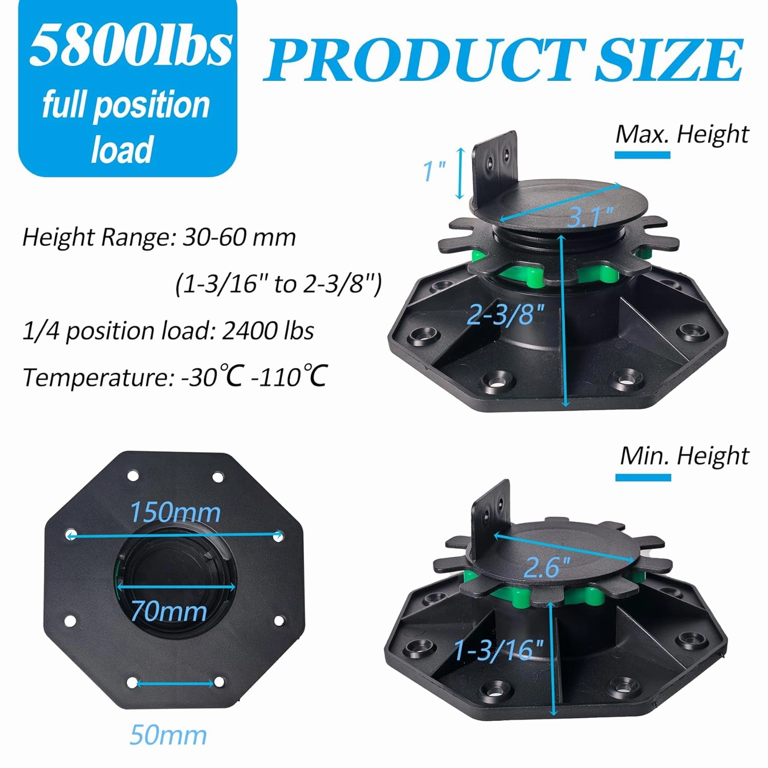 Adjustable Plastic Deck Pedestals, 24 PCS Heavy Duty Deck Blocks Foundation Base Support, Decking Foundation Blocks Level up 1-3/16" to 2-3/8", Deck Pedestal Flooring Platform Joists Beams Support