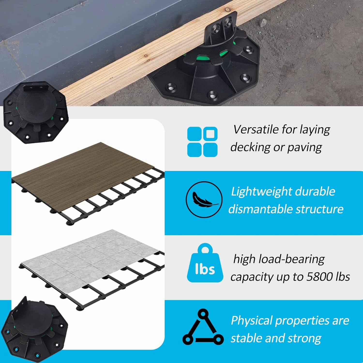 Adjustable Plastic Deck Pedestals, 24 PCS Heavy Duty Deck Blocks Foundation Base Support, Decking Foundation Blocks Level up 1-3/16" to 2-3/8", Deck Pedestal Flooring Platform Joists Beams Support