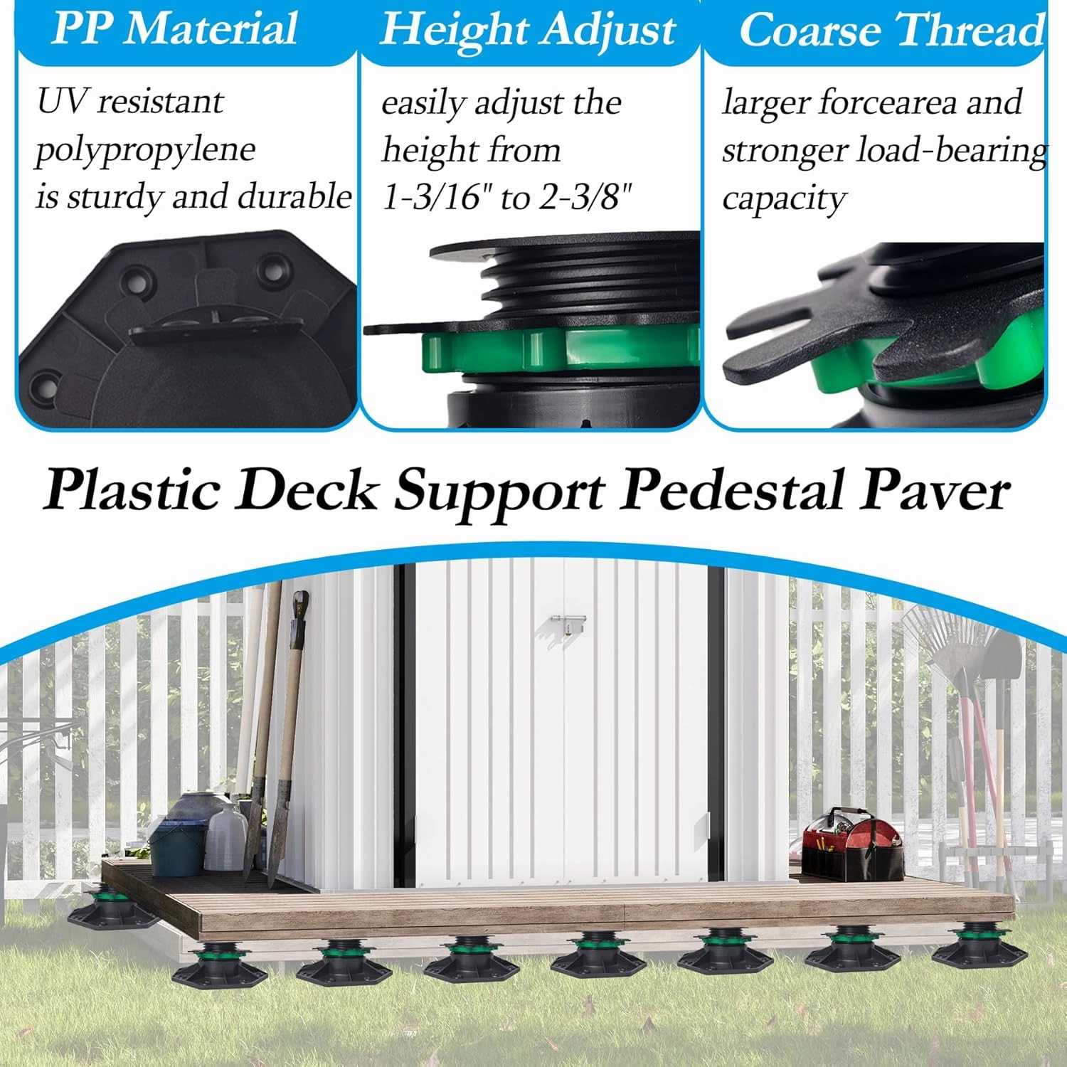 Adjustable Plastic Deck Pedestals, 24 PCS Heavy Duty Deck Blocks Foundation Base Support, Decking Foundation Blocks Level up 1-3/16" to 2-3/8", Deck Pedestal Flooring Platform Joists Beams Support