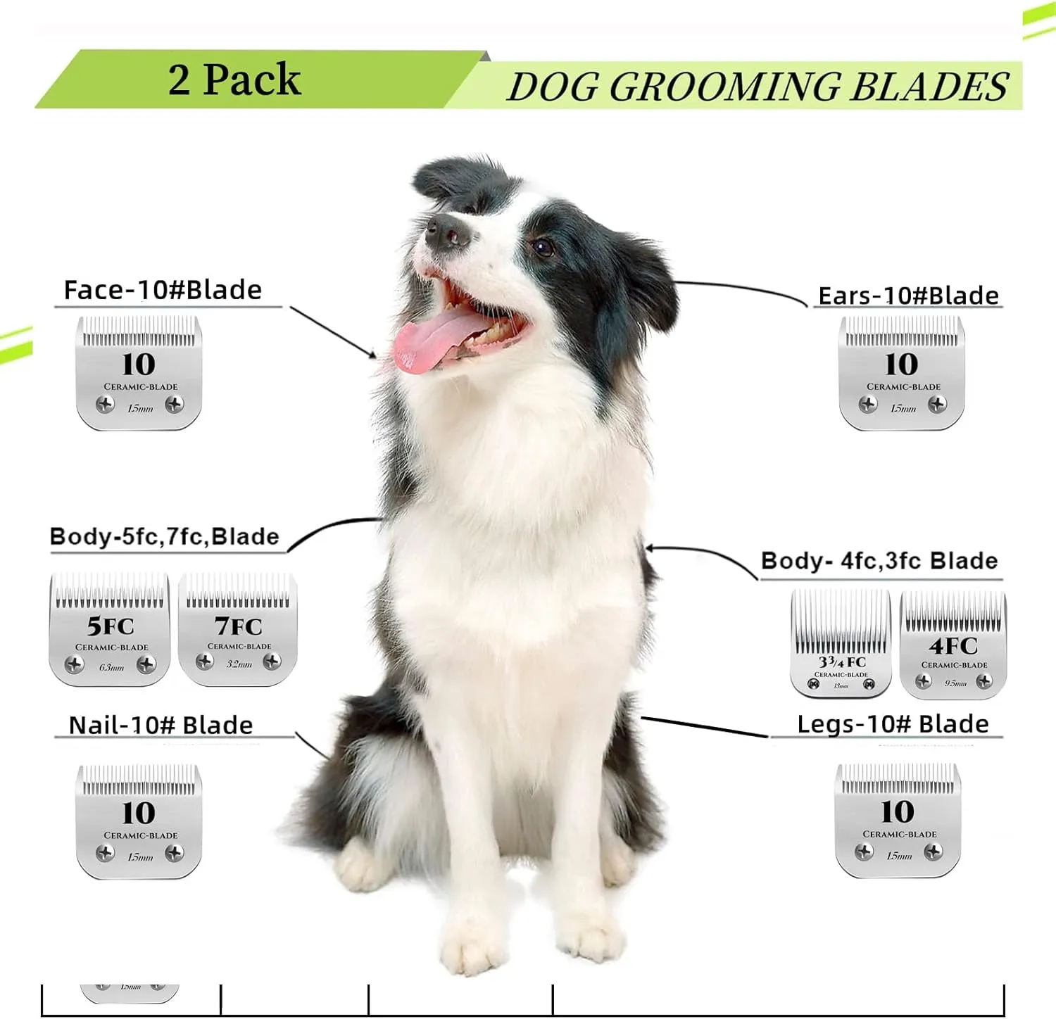AIJALY 2PCS 3FC Blades Detachable Dog Grooming Ceramic Blades Compatible with Andis Dog Clippers，Replacement Blade Compatible with Wahl/Oster A5, KM Series Clippers,Size 3-3/4FC Cut Length 1/2"(13mm)