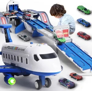 Airplane Toy Race Track Kids Toys, Foldable 4 Layer Toddler Car Track Playset, Toy Plane Transport Car Carrier & 6 Race Cars, Toddlers Toys Birthday Xmas Gifts for Age 3 4 5 6  Years Old Boys Girls