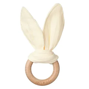 Ali Oli Crinkle Bunny Ears Wooden Teether for Babies (Natural) - Teething Ring, Gender Neutral Baby Gift, Newborn Animal Teether Toy