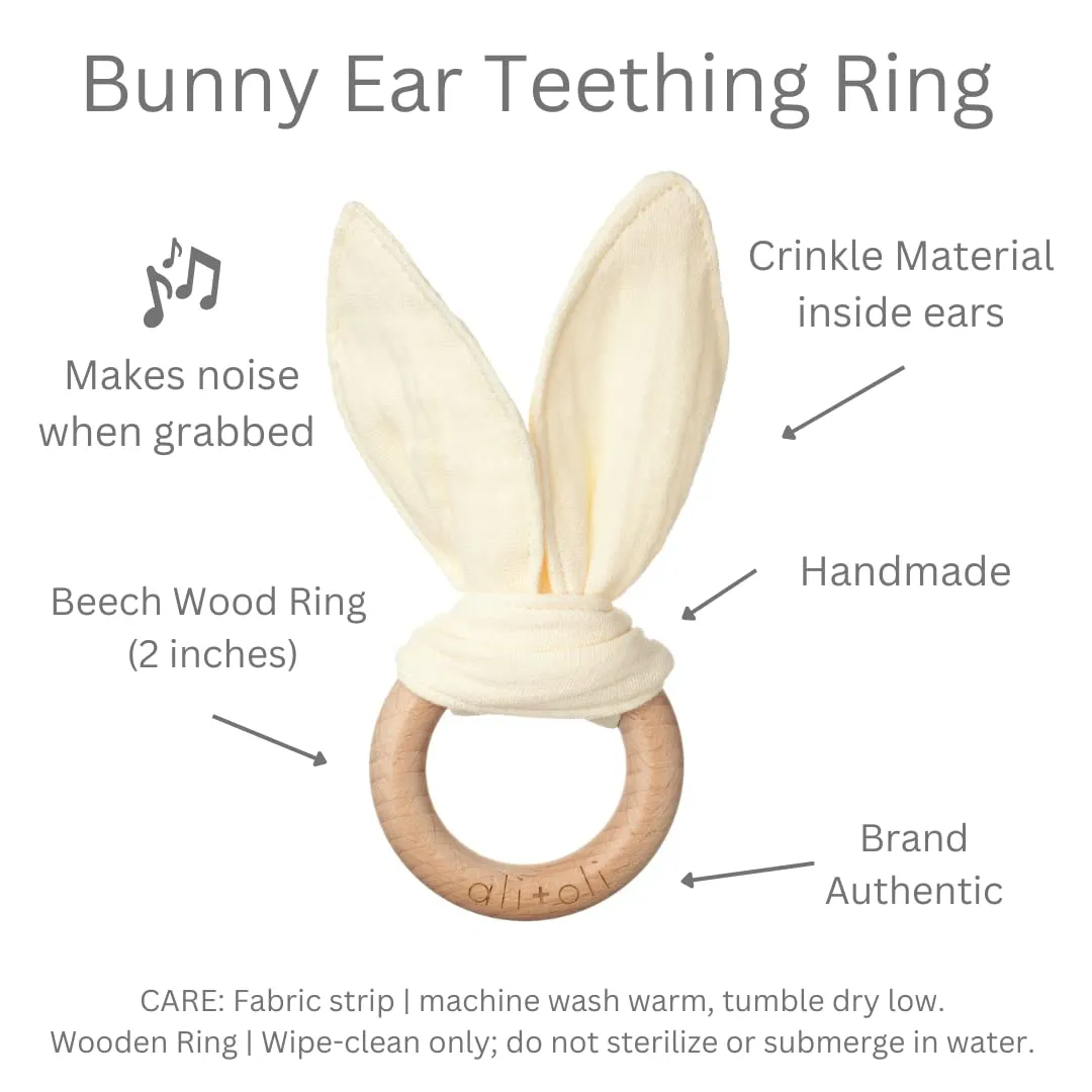 Ali Oli Crinkle Bunny Ears Wooden Teether for Babies (Natural) - Teething Ring, Gender Neutral Baby Gift, Newborn Animal Teether Toy
