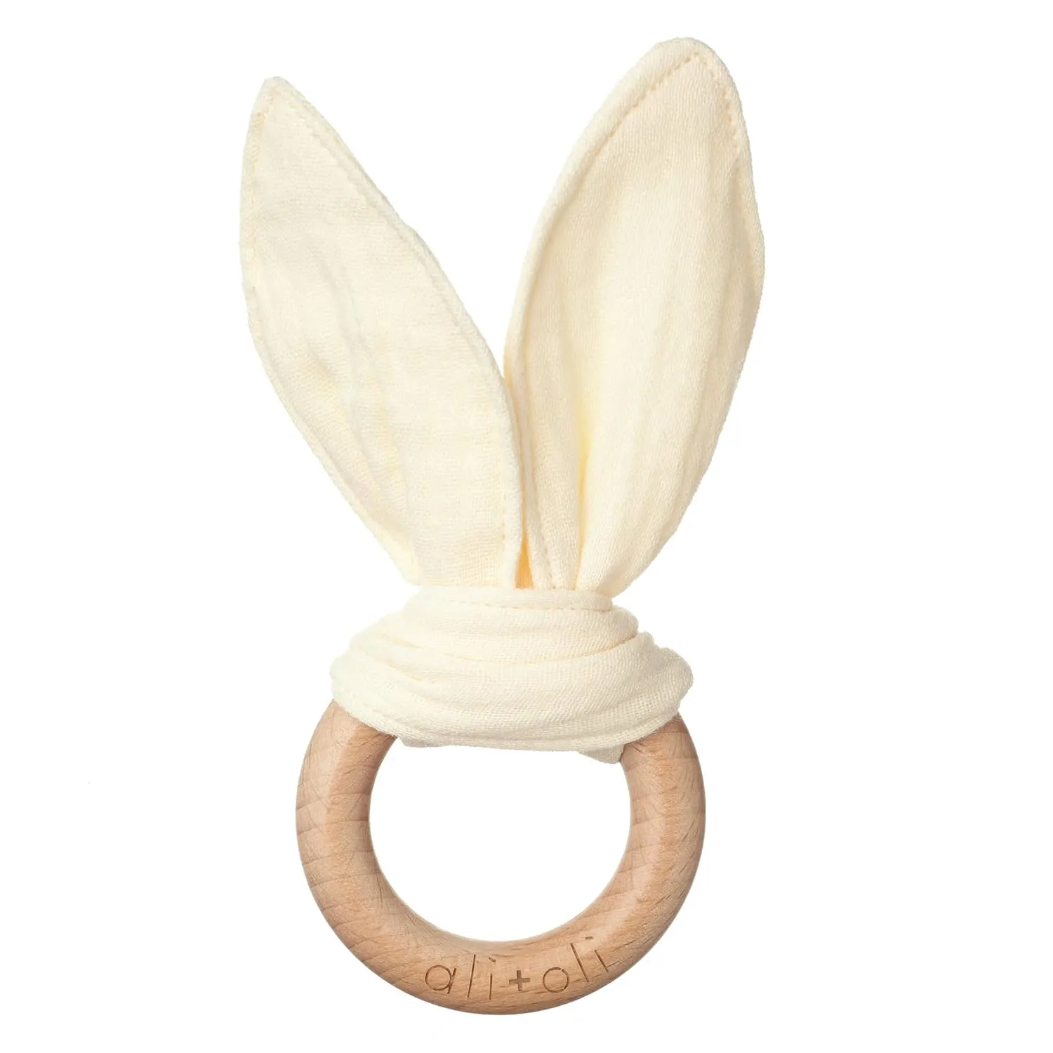 Ali Oli Crinkle Bunny Ears Wooden Teether for Babies (Natural) - Teething Ring, Gender Neutral Baby Gift, Newborn Animal Teether Toy