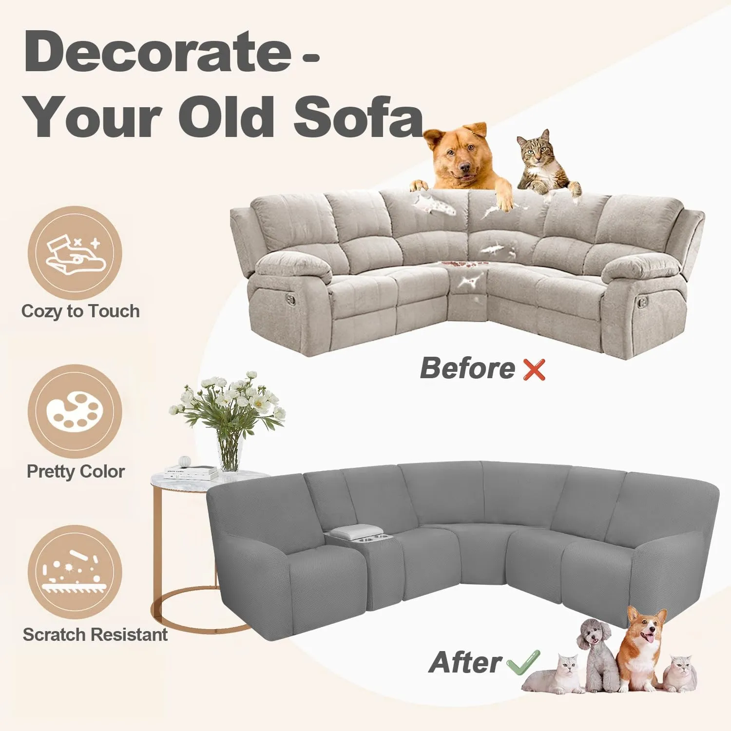 ALIECOM Waterproof Reclining Sectional Couch Covers for Reclining Sectional Stretch L Shaped Recliner Sofa Cover Washable Pet Dog Corner Sofa Slipcovers Protector (5 Seat and 1 Console, Middle Grey)