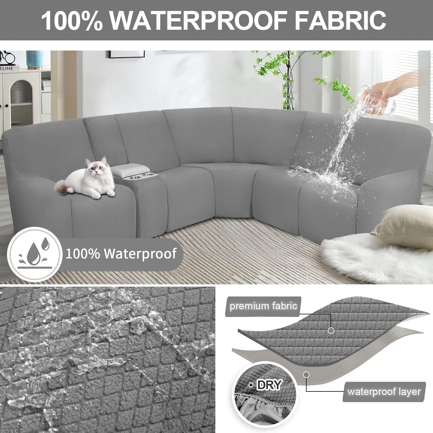 ALIECOM Waterproof Reclining Sectional Couch Covers for Reclining Sectional Stretch L Shaped Recliner Sofa Cover Washable Pet Dog Corner Sofa Slipcovers Protector (5 Seat and 1 Console, Middle Grey)