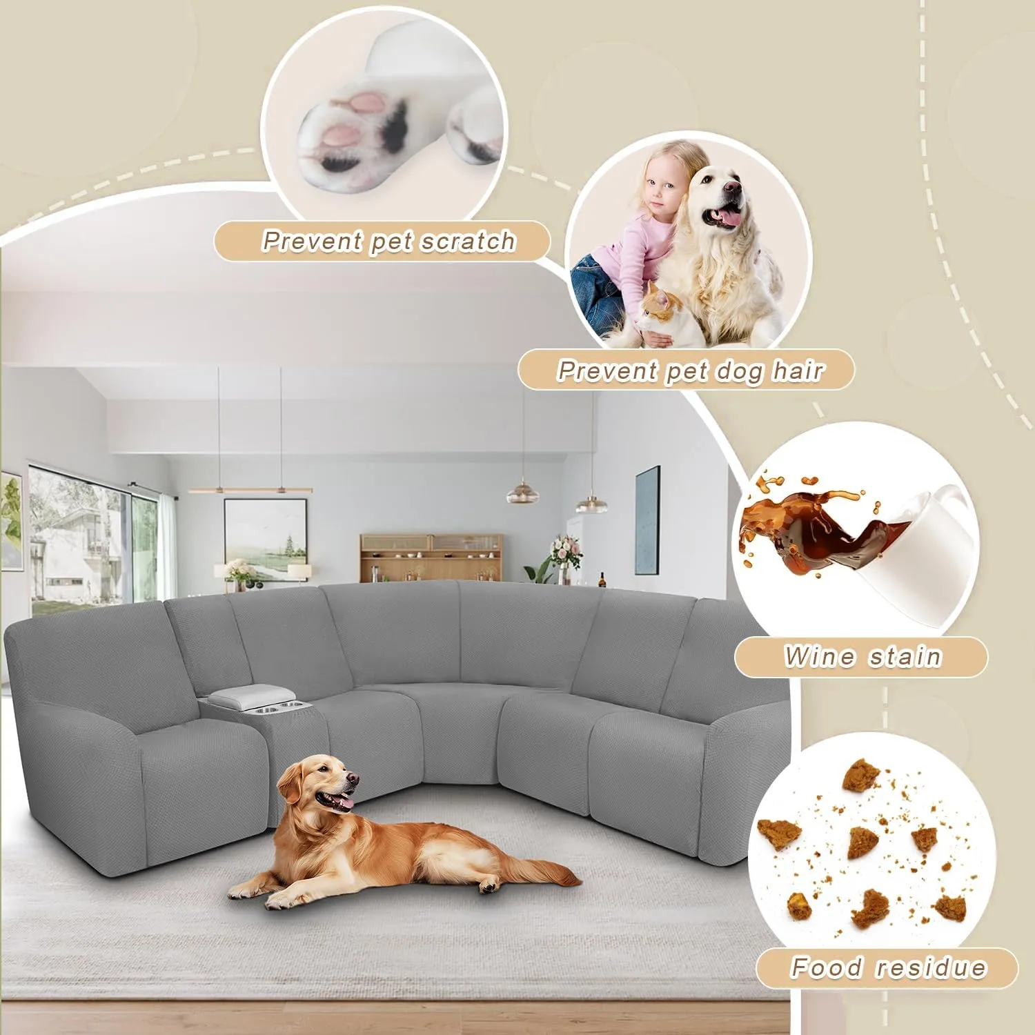 ALIECOM Waterproof Reclining Sectional Couch Covers for Reclining Sectional Stretch L Shaped Recliner Sofa Cover Washable Pet Dog Corner Sofa Slipcovers Protector (5 Seat and 1 Console, Middle Grey)