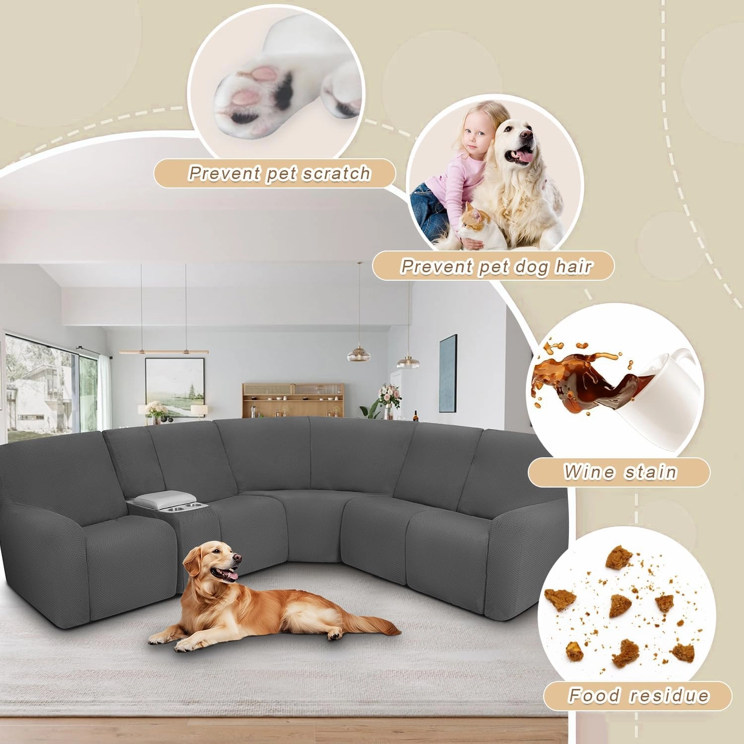 ALIECOM Waterproof Reclining Sectional Couch Covers for Reclining Sectional Stretch L Shaped Recliner Sofa Cover Washable Pet Dog Corner Sofa Slipcovers Protector (5 Seat and 1 Console, Dark Grey)