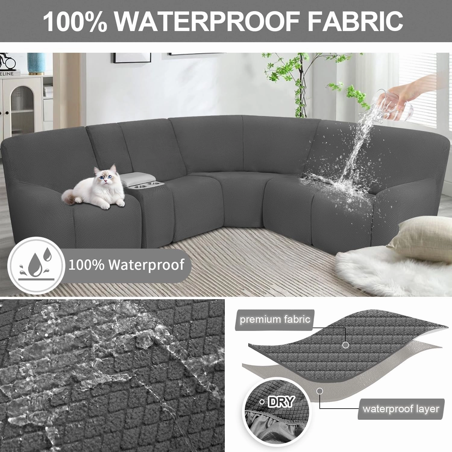 ALIECOM Waterproof Reclining Sectional Couch Covers for Reclining Sectional Stretch L Shaped Recliner Sofa Cover Washable Pet Dog Corner Sofa Slipcovers Protector (5 Seat and 1 Console, Dark Grey)