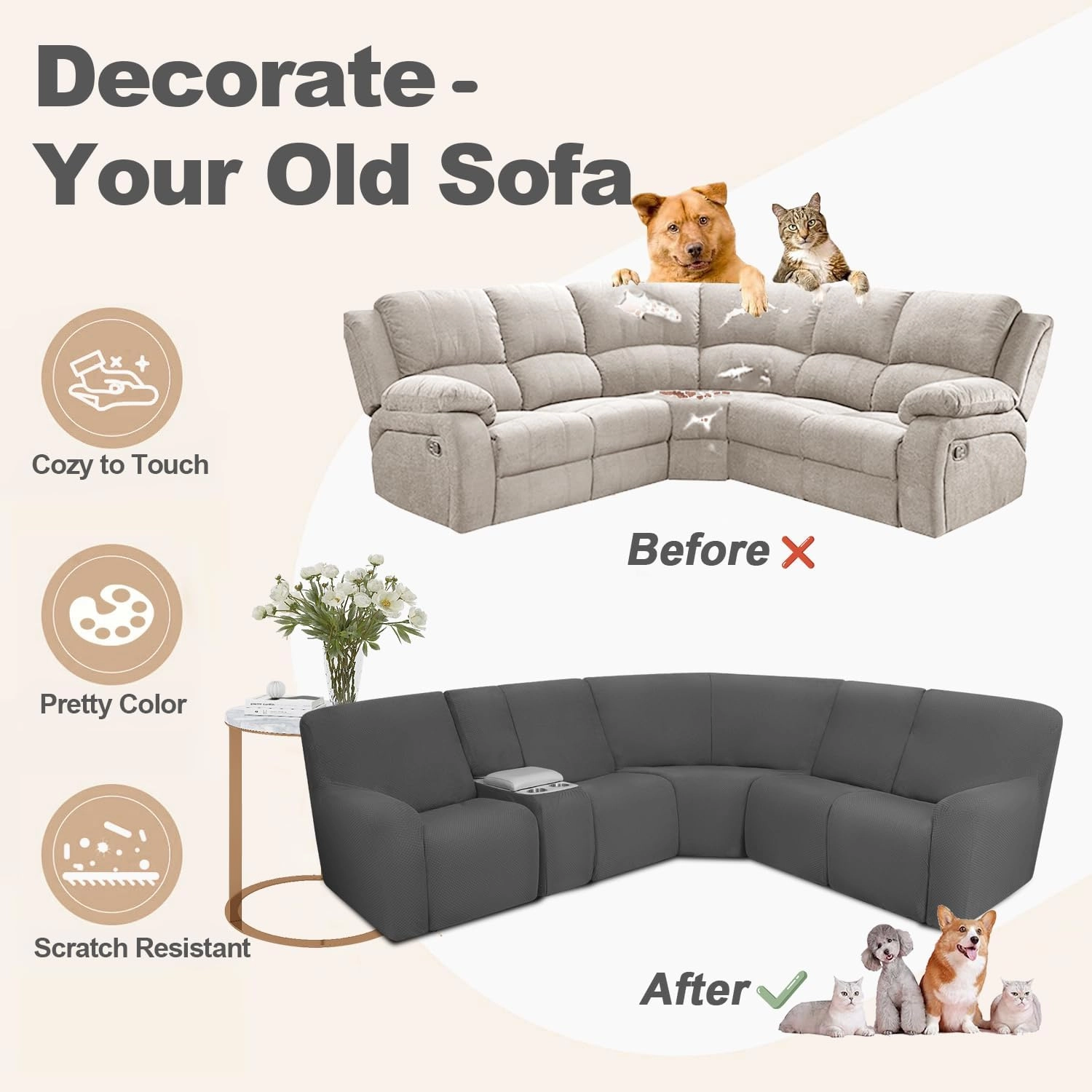 ALIECOM Waterproof Reclining Sectional Couch Covers for Reclining Sectional Stretch L Shaped Recliner Sofa Cover Washable Pet Dog Corner Sofa Slipcovers Protector (5 Seat and 1 Console, Dark Grey)