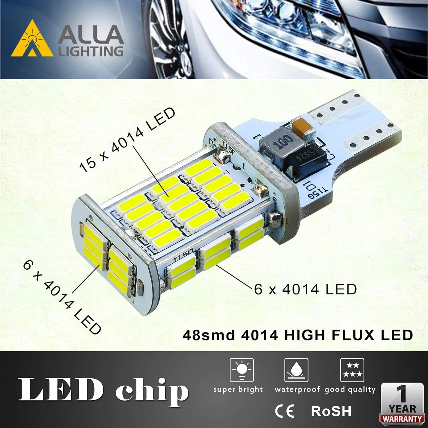Alla Lighting 2600lm T10/T15 912 921 Strobe LED Back-up Reverse, 3rd Brake Lights Bulbs, 6000K White Super Bright 922 W16W 906 4014-SMD Flashing Lamps for Cars, Trucks, RVs, SUVs