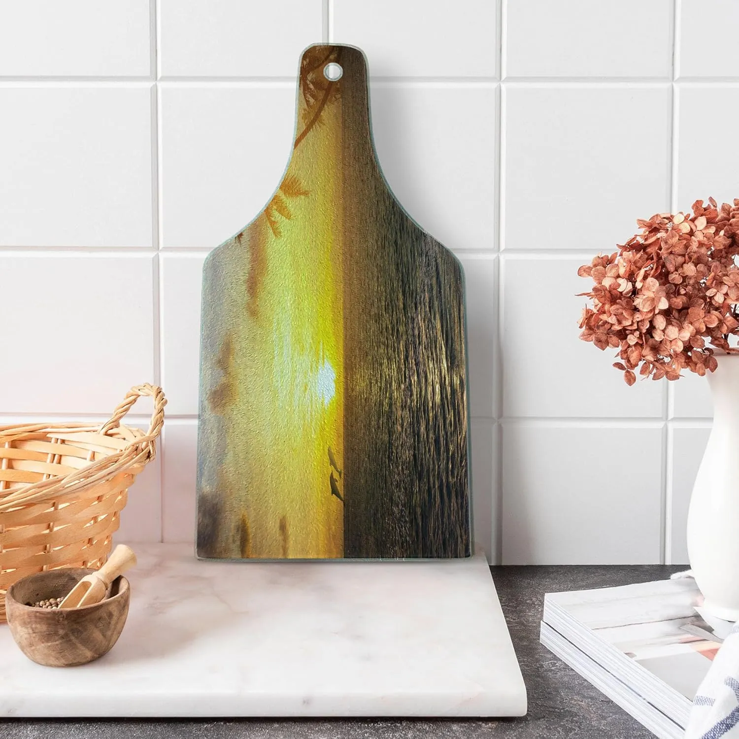 Ambesonne Beach Cutting Board, Palm Trees in Tropical Island Beach Jumping Fishes And Majestic Sunset Image, Decorative Tempered Glass Cutting and Serving Board, Wine Bottle Shape, Yellow Bluegrey