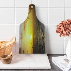 Ambesonne Beach Cutting Board, Palm Trees in Tropical Island Beach Jumping Fishes And Majestic Sunset Image, Decorative Tempered Glass Cutting and Serving Board, Wine Bottle Shape, Yellow Bluegrey