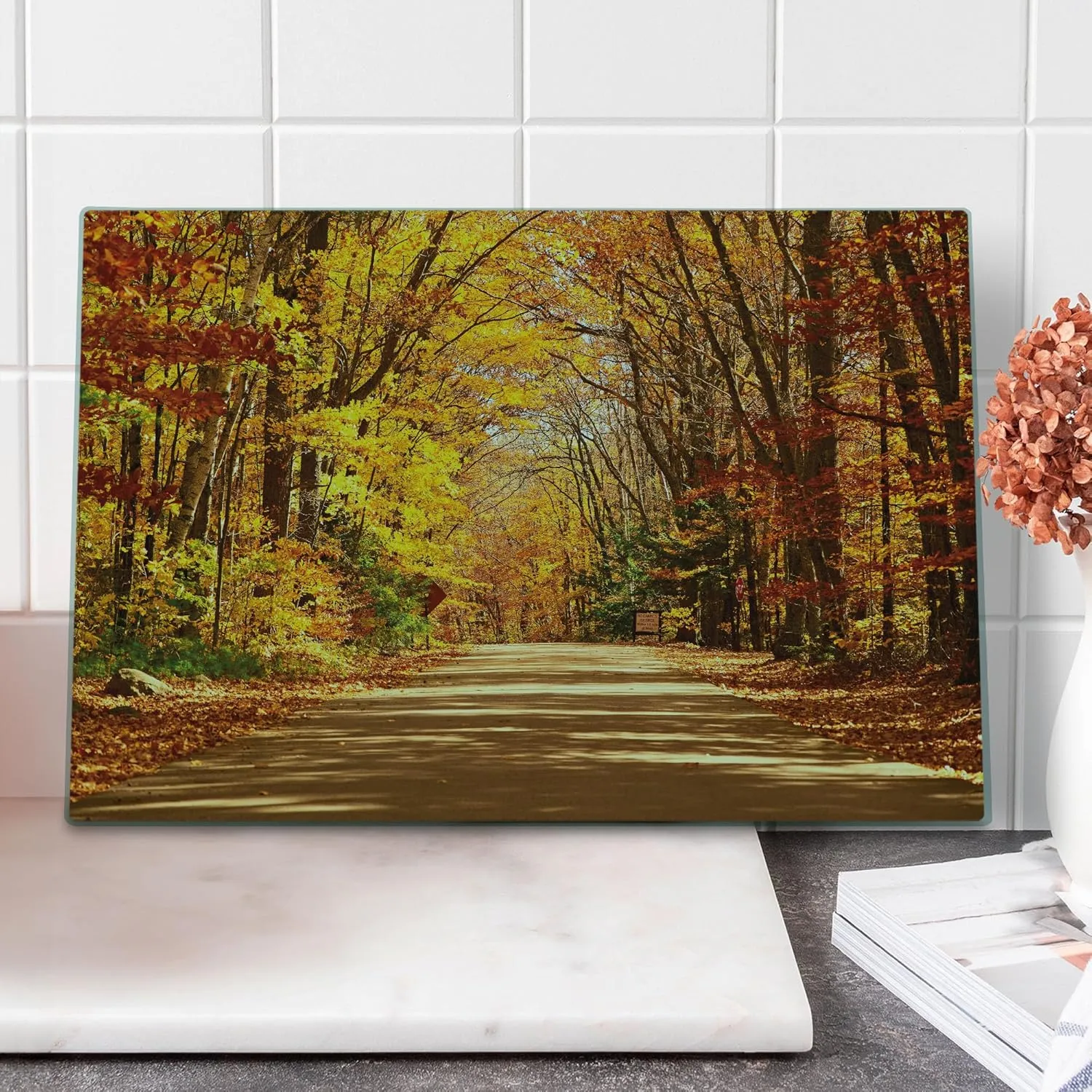 Ambesonne Fall Cutting Board, Scenic View Outdoors Empty Roadway Surrounded with Deciduous Trees Image, Decorative Tempered Glass Cutting and Serving Board, Large Size, Redwood Yellow Orange