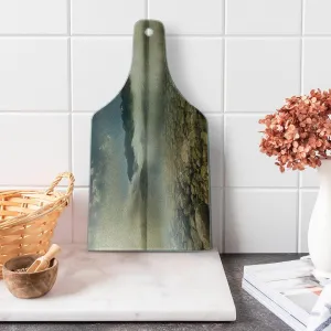 Ambesonne Nature Cutting Board, Alpine Lake with Stones Rocks in Crystal Water with Misty Fogy Clouds Image, Decorative Tempered Glass Cutting and Serving Board, Wine Bottle Shape, Grey and White
