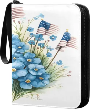 American Flag and Blue Flowers Card Binder 4 Pocket Collectible Trading Card Albums with 50 Sleeves Double Side PU Waterproof 3 Ring for Sports & Game Cards