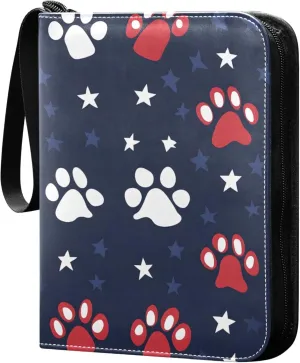 American Flag and Paw Print Card Binder 4 Pocket Collectible Trading Card Albums with 50 Sleeves Double Side PU Waterproof 3 Ring for Sports & Game Cards