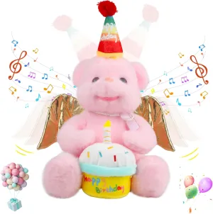 Animated Birthday Gifts for Kids Singing Happy Birthday Teddy Bear Plush Toys Singing Stuffed Animal Dancing and Moving Wings with Cupcake Song Musical for Adults Boys Girls,14"(Pink)