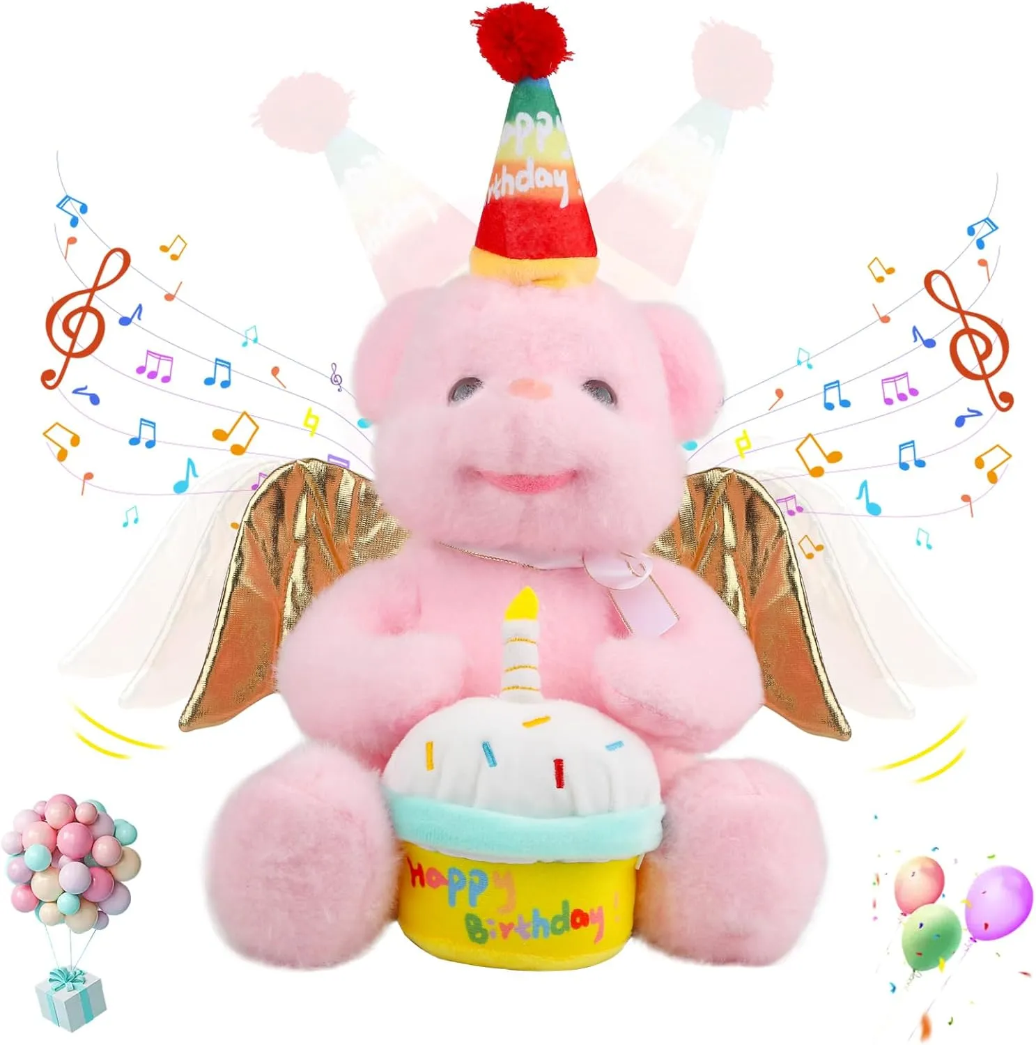 Animated Birthday Gifts for Kids Singing Happy Birthday Teddy Bear Plush Toys Singing Stuffed Animal Dancing and Moving Wings with Cupcake Song Musical for Adults Boys Girls,14"(Pink)