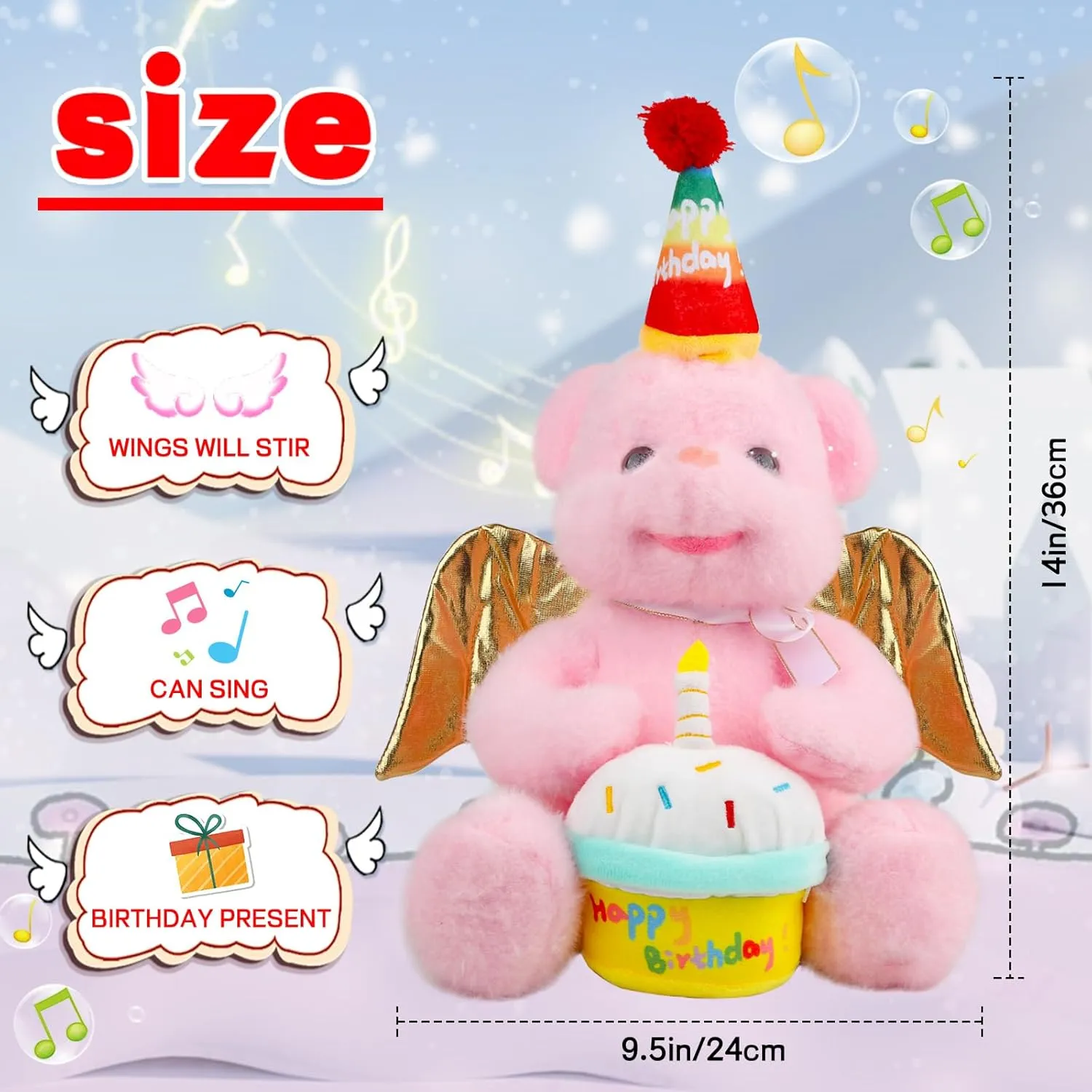 Animated Birthday Gifts for Kids Singing Happy Birthday Teddy Bear Plush Toys Singing Stuffed Animal Dancing and Moving Wings with Cupcake Song Musical for Adults Boys Girls,14"(Pink)