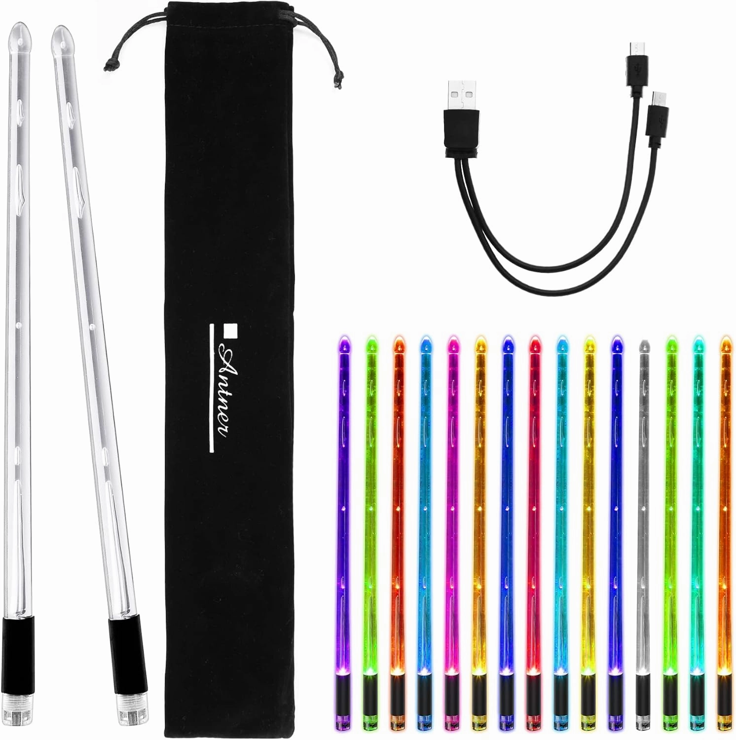 Antner Rechargeable 15 Color Changing LED Light Up Drum Sticks Glow In The Dark Cool Drumsticks with Storage Bag for Adults Drummers Gifts - Durable Professional PC Polymer Material Drum Sticks