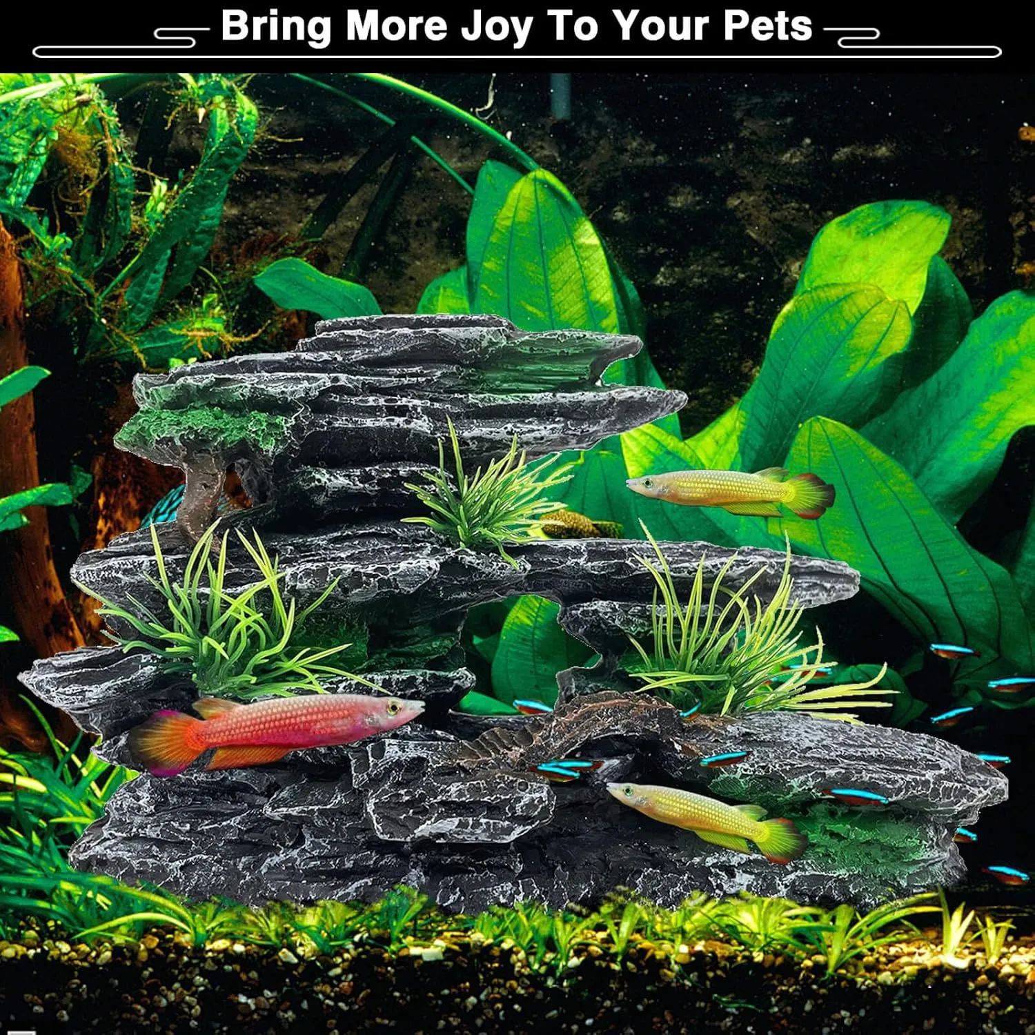 Aquarium Mountain View Stone Ornament Tree Rock Cave Aquarium Decorations for Fish Tank Decorations for Small Fish Tank - 7.5 Inches Long