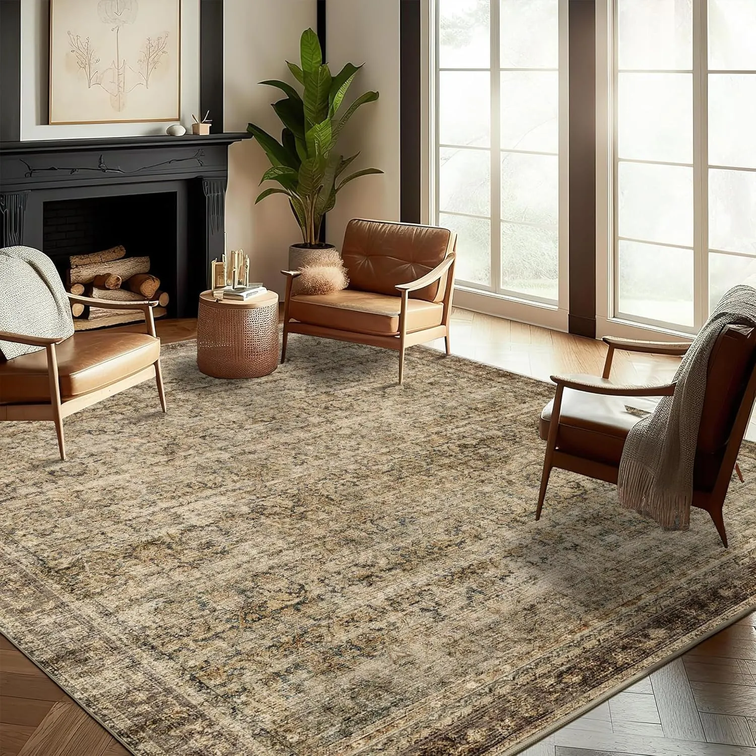 Area Rug 8x10 Washable Rug Brown Vintage Traditional Mat Distressed Indoor Foldable Thin Retro Accent Floral Non Slip Carpet Living Room Dining Room Office