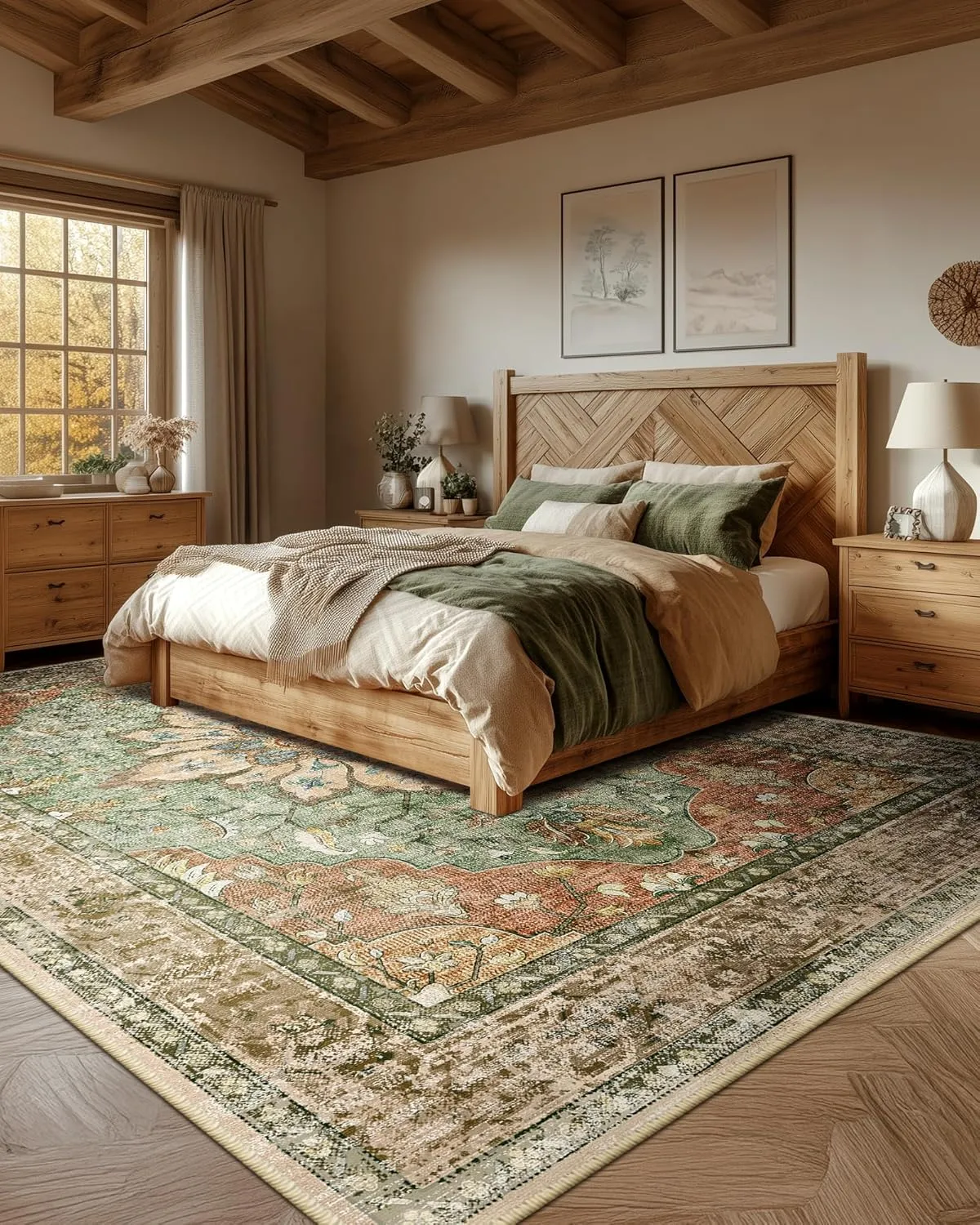 Area Rugs 8'x10' Washable Non-Slip, Floral Vintage Distress Print Pattern Medallion Carpet for Living Room Bedroom Dining Room, Brick Red Rust Red Neutral