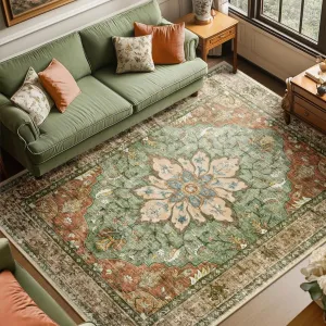 Area Rugs 8'x10' Washable Non-Slip, Floral Vintage Distress Print Pattern Medallion Carpet for Living Room Bedroom Dining Room, Brick Red Rust Red Neutral